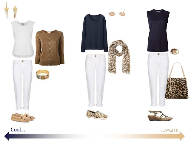 3 outfits with white jeans and leopard accessories