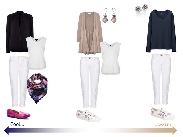 three outfits from a "Whatever's Clean 13" warm weather travel capsule wardrobe in navy, beige and white