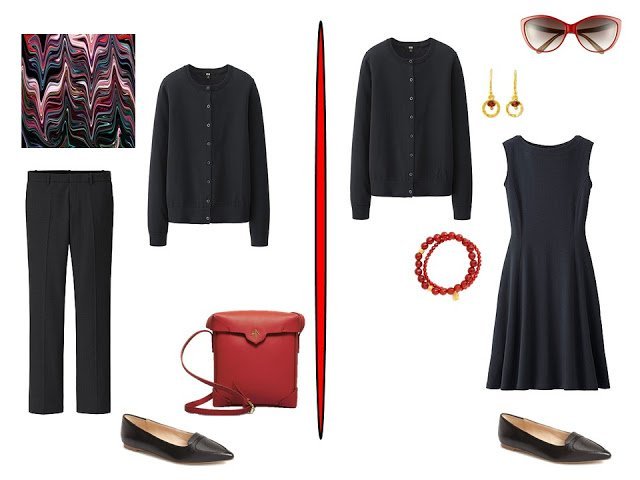 two simple black outfits with red accessories