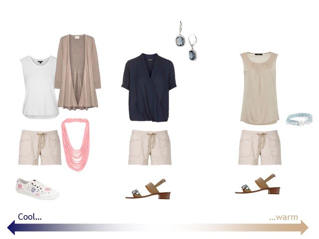 three outfits from a "Whatever's Clean 13" warm weather travel capsule wardrobe in navy, beige and white