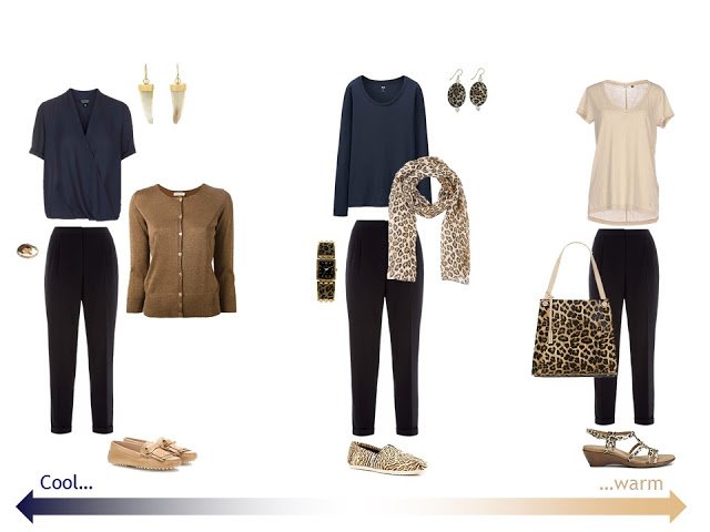 3 outfits with navy trousers and leopard accessories