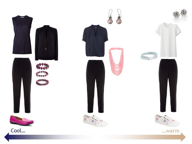 three outfits from a "Whatever's Clean 13" warm weather travel capsule wardrobe in navy, beige and white