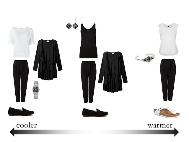 three outfits for changing weather, in black and white