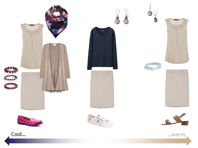 three outfits from a "Whatever's Clean 13" warm weather travel capsule wardrobe in navy, beige and white