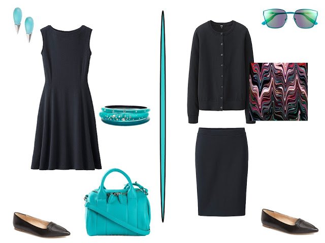 two simple black outfits with aqua accessories