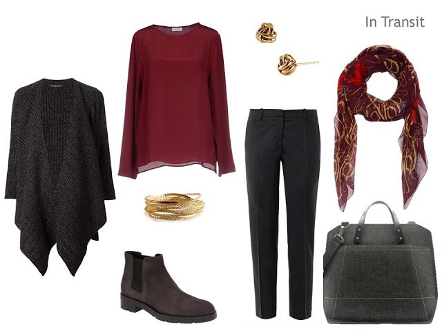 Cool-weather travel outfit in grey and burgundy.