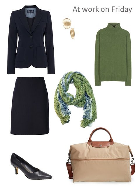 navy blazer and skirt with green sweater and scarf