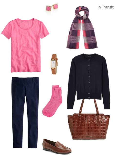 a navy and pink travel outfit with brown leather accessories