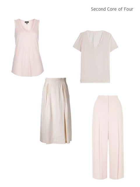 Four blush pink garments - two tops, and two bottoms - for warm weather