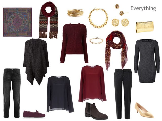 Clothes for an autumn weekend, in grey and burgundy, with gold accessories.