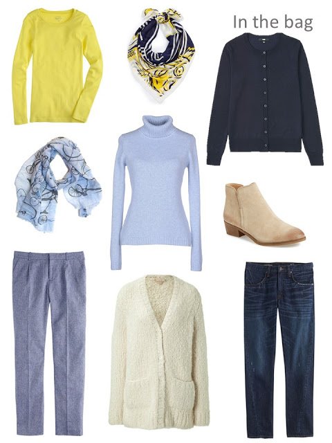 Six-Pack for autumn, in shades of blue, with yellow and cream