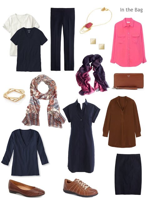 travel capsule wardrobe in navy, pink and chestnut brown