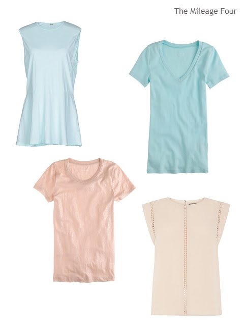 two soft aqua tops, and two muted apricot blush tops