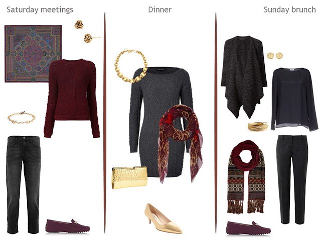 Three autumn weekend outfits, in grey and burgundy, with gold accents.