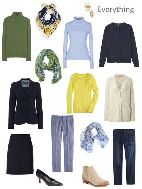 Clothes for an autumn weekend, in navy, green, yellow and cream