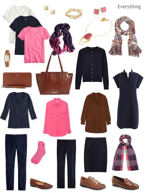travel capsule wardrobe in navy, bright pink, and chestnut brown
