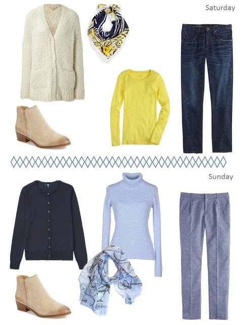 Two outfits for an autumn weekend, in shades of blue, yellow and cream