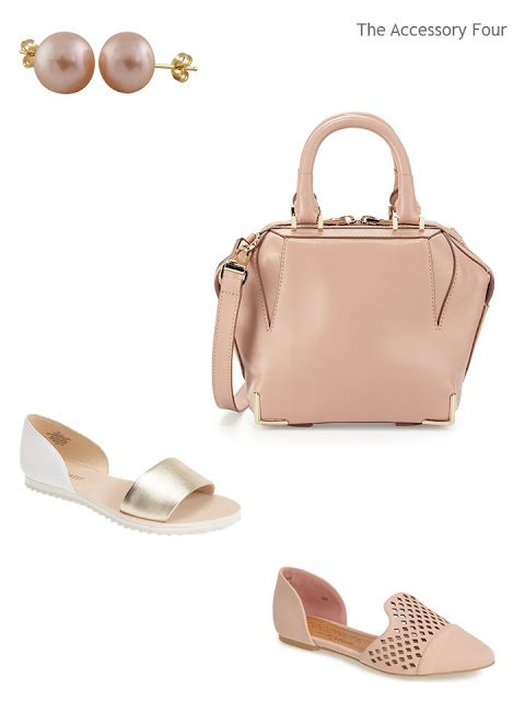 earrings, a bag, and two pair of shoes in soft blush and gold metal