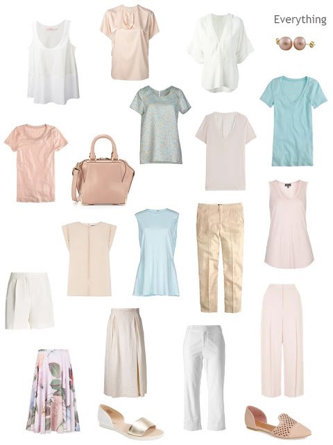 a Four by Four wardrobe in soft warm colors, for warm weather