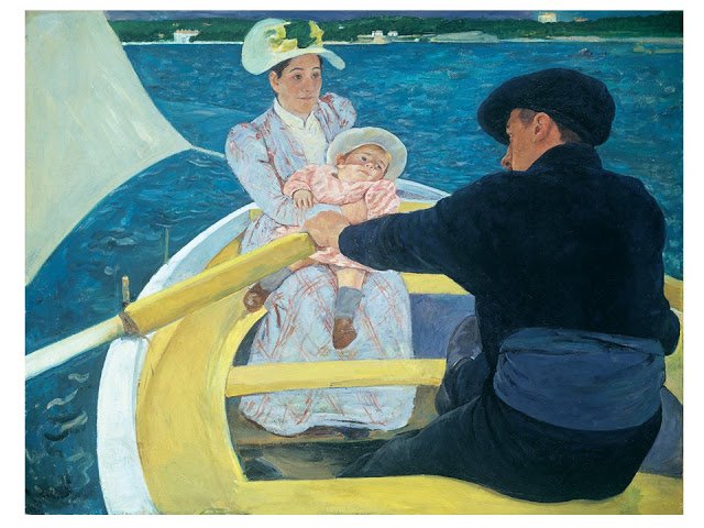 The Boating Party by Mary Cassatt; painting of a family in a rowboat