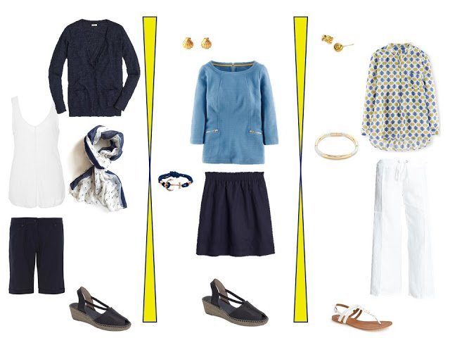 two outfits from a navy, yellow, blue and white travel capsule wardrobe for warm weather