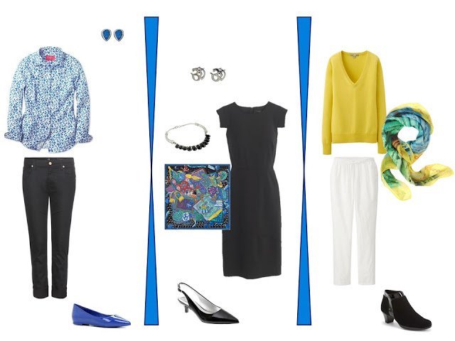 Capsule wardrobe color palette in blue, yellow, light green, and black, inspired by a scarf: Hermes Cavaliers du Caucase