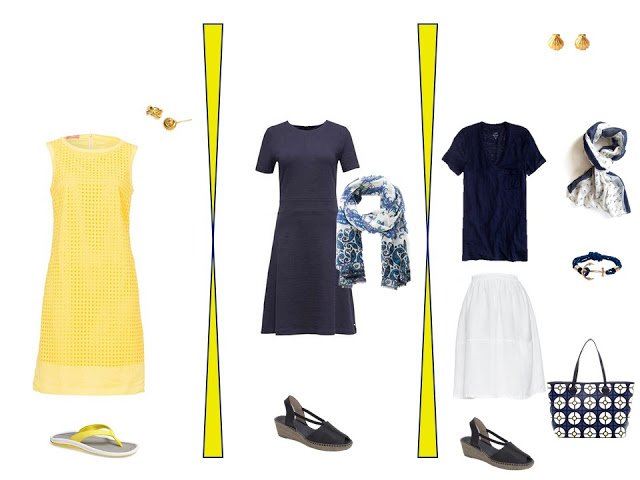 two outfits from a navy, yellow, blue and white travel capsule wardrobe for warm weather