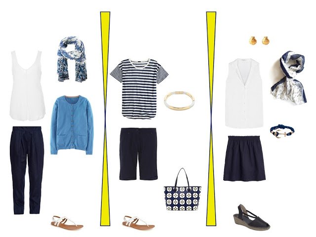 two outfits from a navy, yellow, blue and white travel capsule wardrobe for warm weather