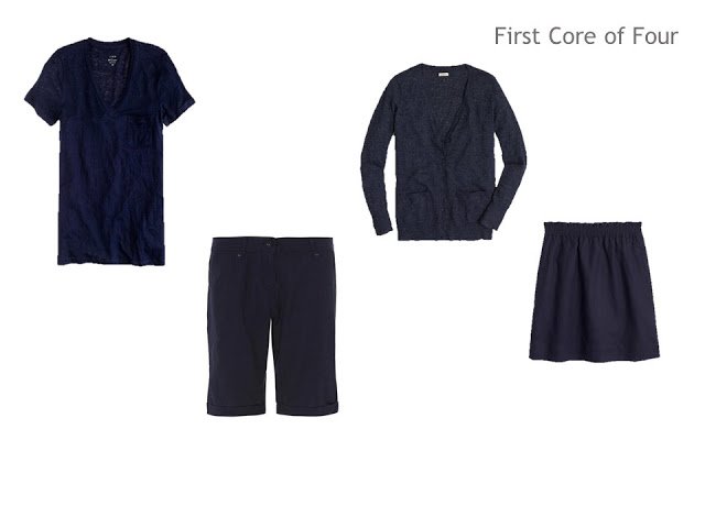 A First Core of Four of navy tee, shorts, cardigan and skirt for a warm-weather trip