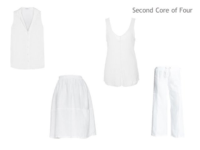 A Second Core of Four of a white top, skirt, tank and capris, for a warm weather vacation