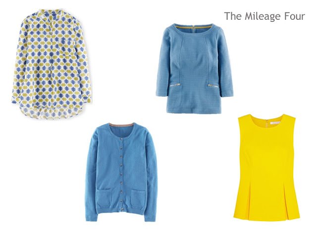 A Mileage Four of four tops in yellow and blue, for a warm weather vacation with cool days possible