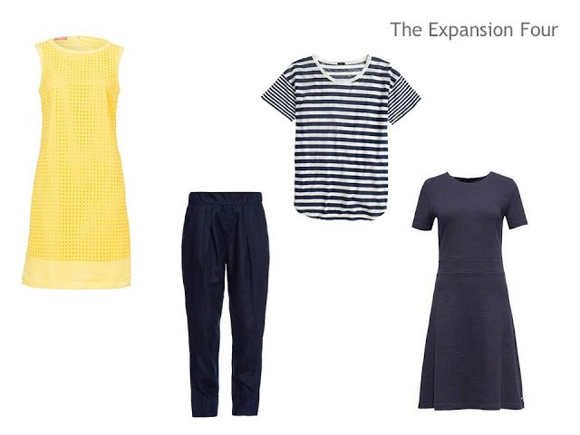 An Expansion Four of two dresses, a pair of trousers and a tee shirt, in yellow and navy, for a warm weather vacation
