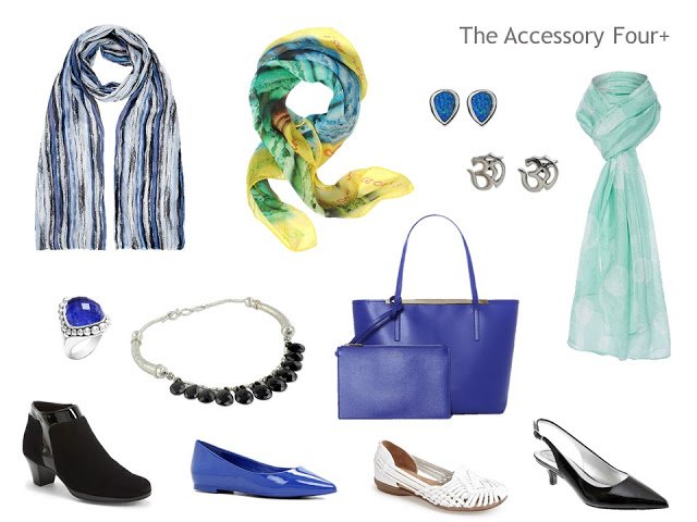 Capsule wardrobe color palette in blue, yellow, light green, and black, inspired by a scarf: Hermes Cavaliers du Caucase