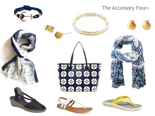 An Accessory Four+ for a warm weather trip; a family of accessories with a nautical feeling and a color scheme of navy, white and yellow