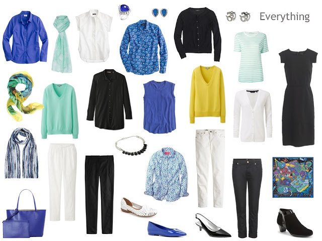 Capsule wardrobe color palette in blue, yellow, light green, and black, inspired by a scarf: Hermes Cavaliers du Caucase