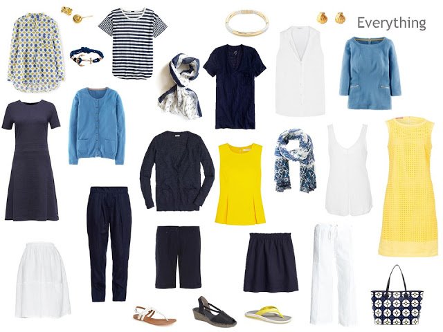 A Four by Four travel capsule wardrobe in navy, white, blue and yellow, for a warm weather vacation