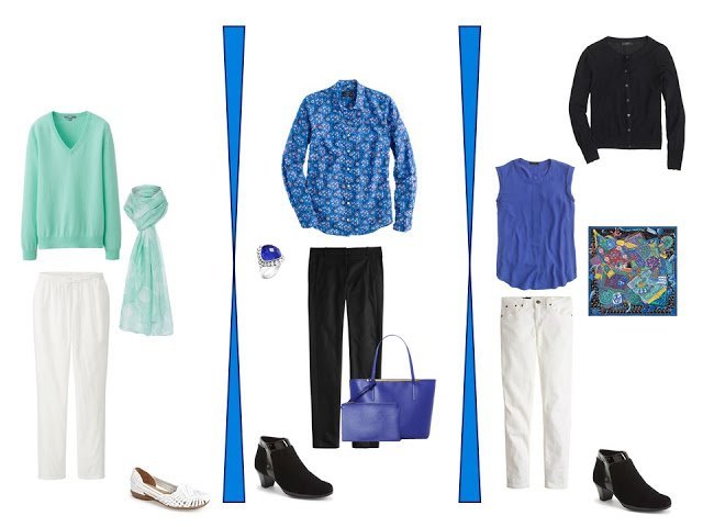 Capsule wardrobe color palette in blue, yellow, light green, and black, inspired by a scarf: Hermes Cavaliers du Caucase