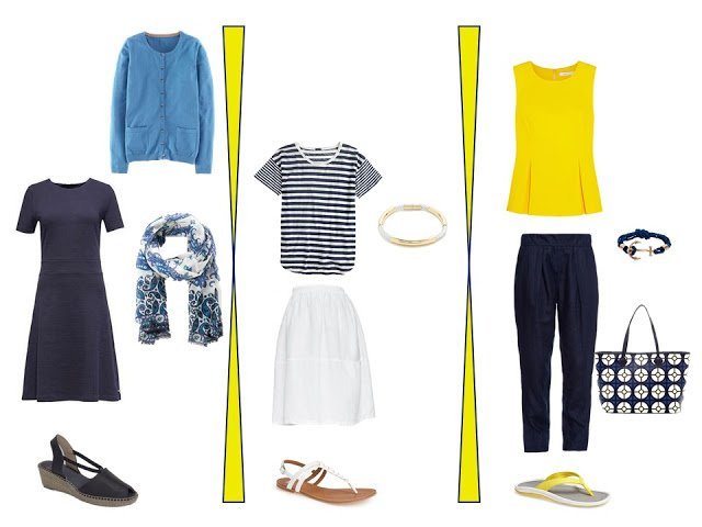 two outfits from a navy, yellow, blue and white travel capsule wardrobe for warm weather