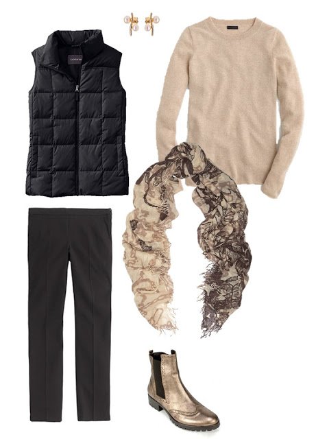 outfit with black down vest and beige sweater