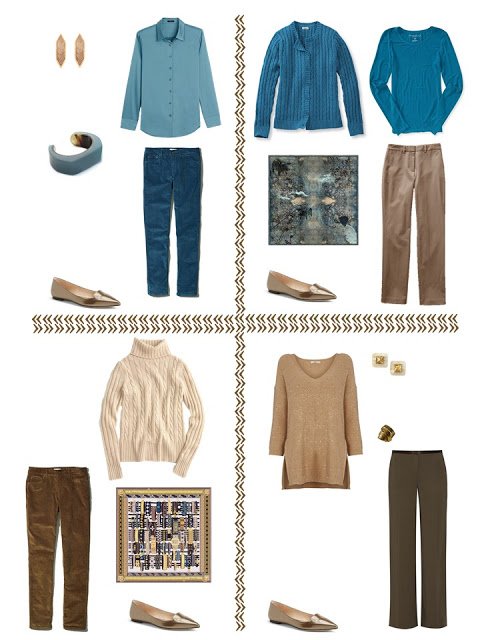 4 outfits in teal and shades of brown
