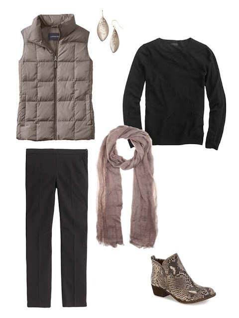 outfit with beige down vest, black sweater and pants