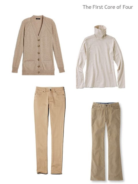 four garments in light brown and cream, to make two outfits