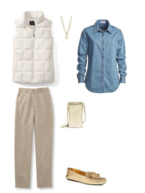 outfit with an off-white down vest, chambray shirt and khakis