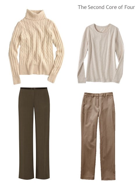 two tops and two bottoms on shades of beige and brown, to make two outfits