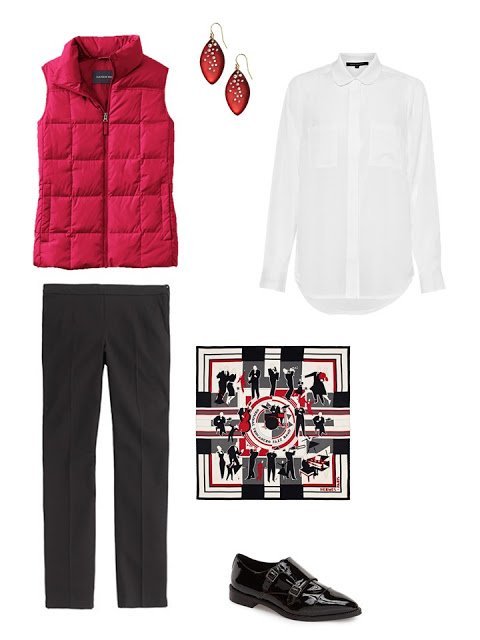 outfit with a red down vest, white shirt and black pants