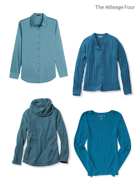 four tops in teal blue: a blouse, a cardigan, a fleece top and a tee shirt