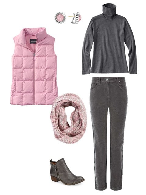 outfit with a pink down vest, grey turtleneck and grey corduroy pants