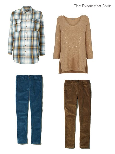 four pieces of clothing, in teal and brown, to make four outfits