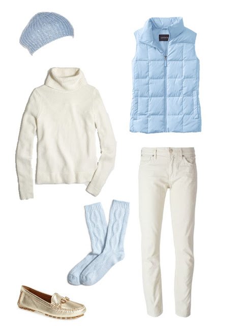 outfit with a light blue down vest, cream turtleneck and cream corduroy pants