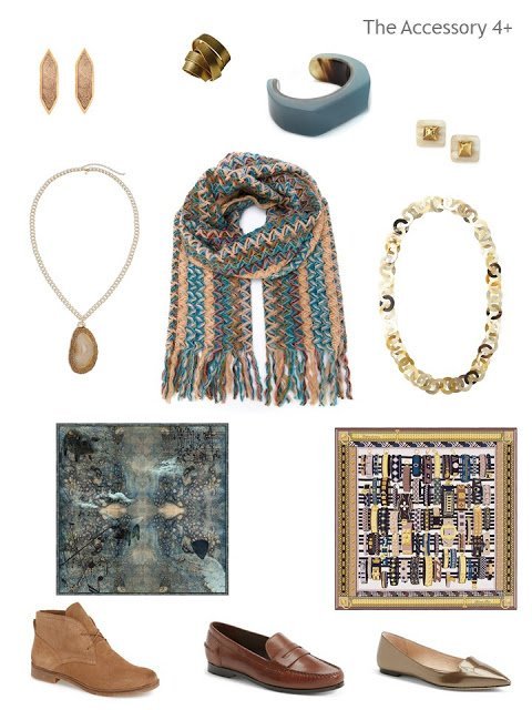 accessories in teal and shades of brown; shoes, scarves and jewelry